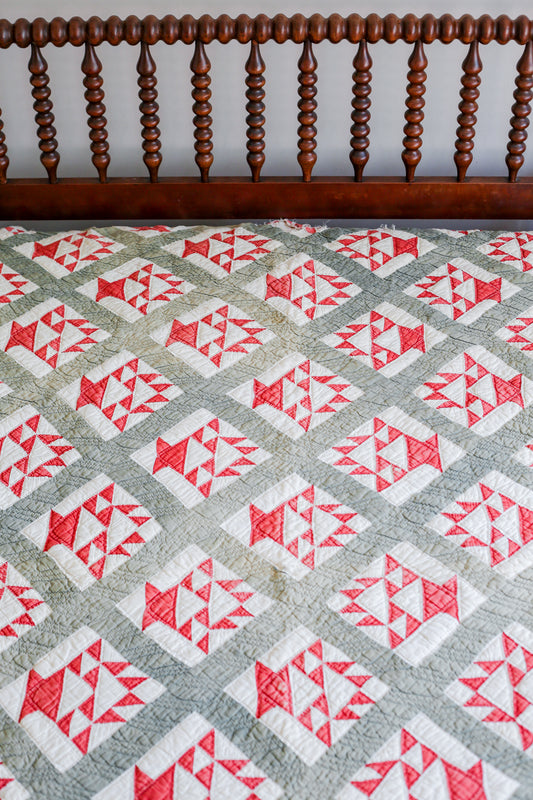 Antique Turkey Red & Green Primitive Basket Quilt, c1860