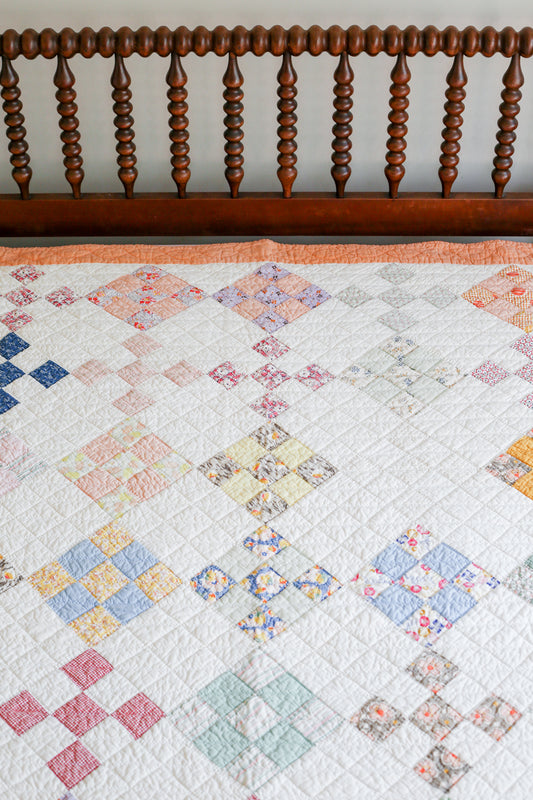 Vintage Peach & White Nine Patch Quilt, c1930