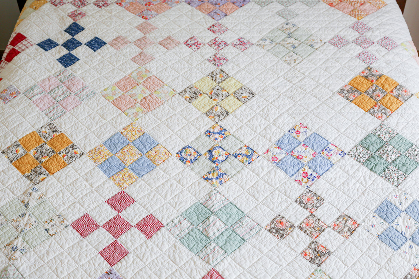 Vintage Peach & White Nine Patch Quilt, c1930