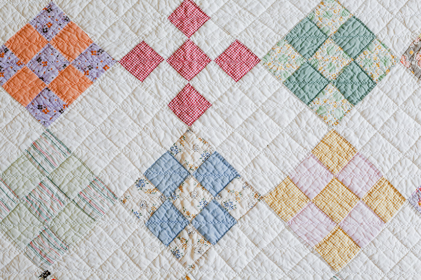 Vintage Peach & White Nine Patch Quilt, c1930