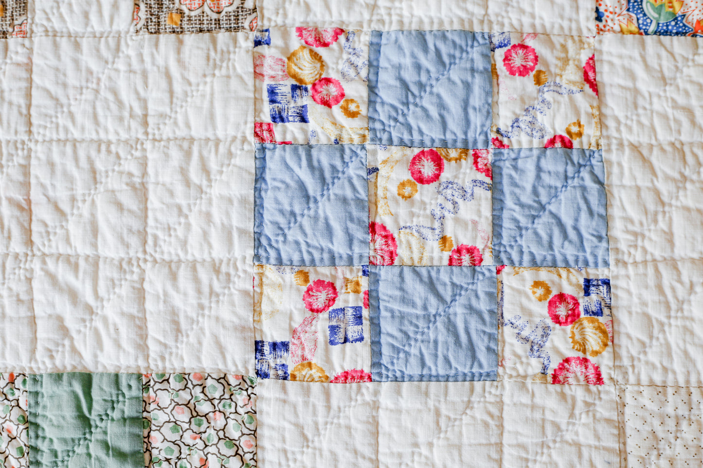 Vintage Peach & White Nine Patch Quilt, c1930