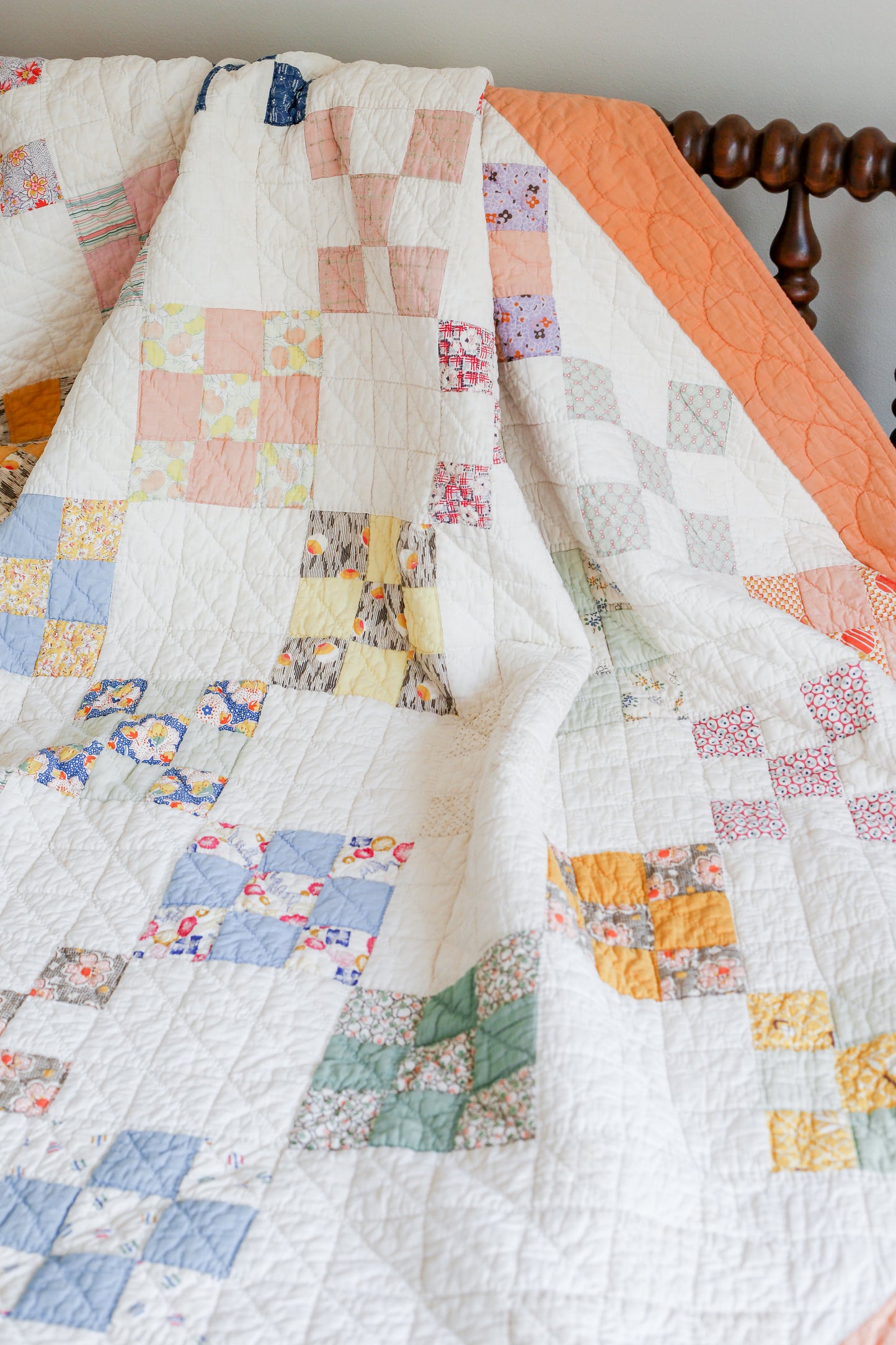 Vintage Peach & White Nine Patch Quilt, c1930