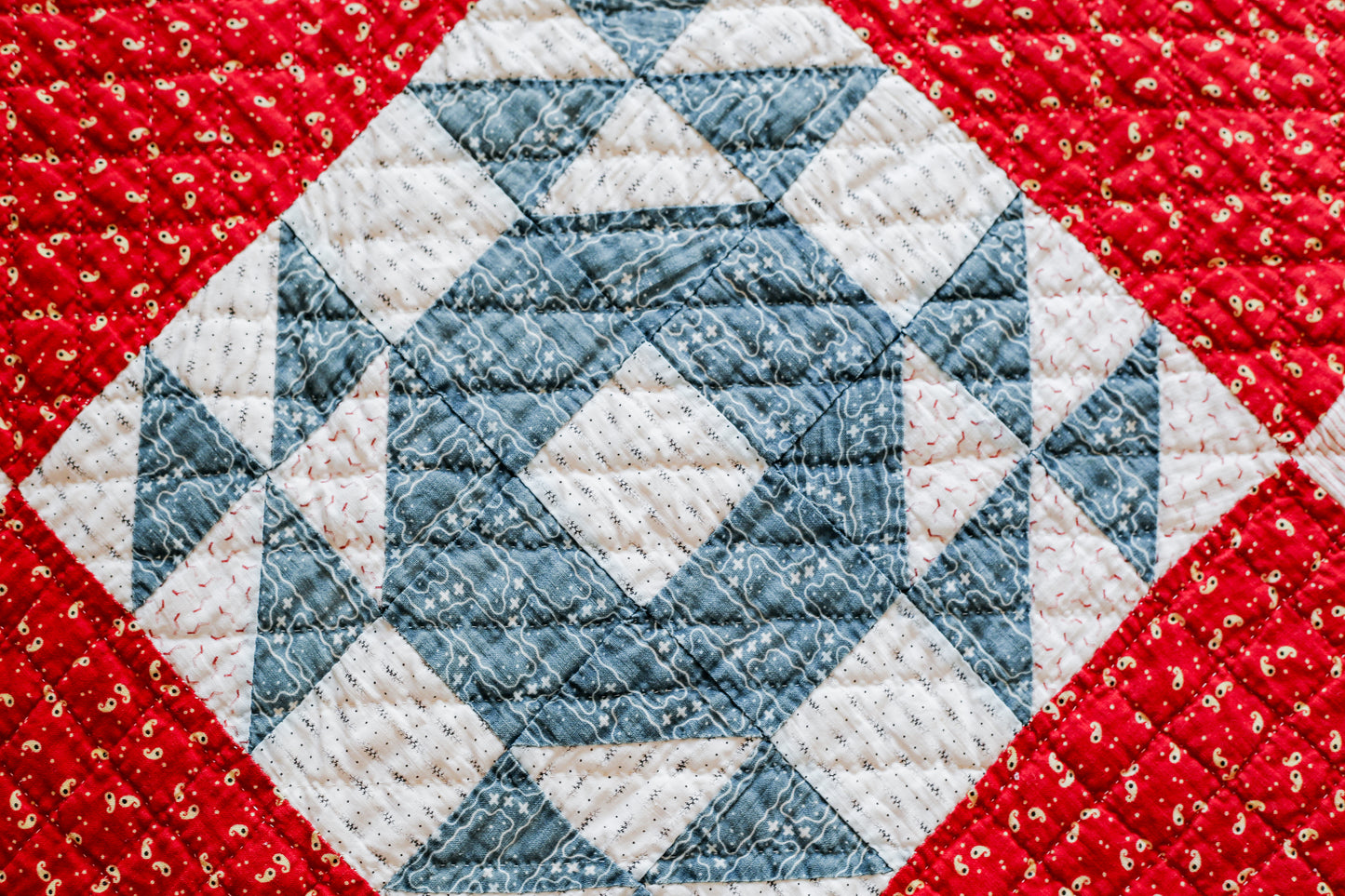 Antique Blue & Red Crown of Thorns Quilt, c1900