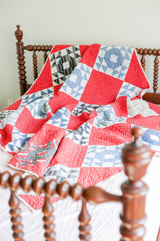 Antique Blue & Red Crown of Thorns Quilt, c1900