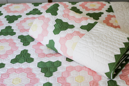 Pair of Pink and Green Grandmother’s Flower Garden Handmade Twin Quilts