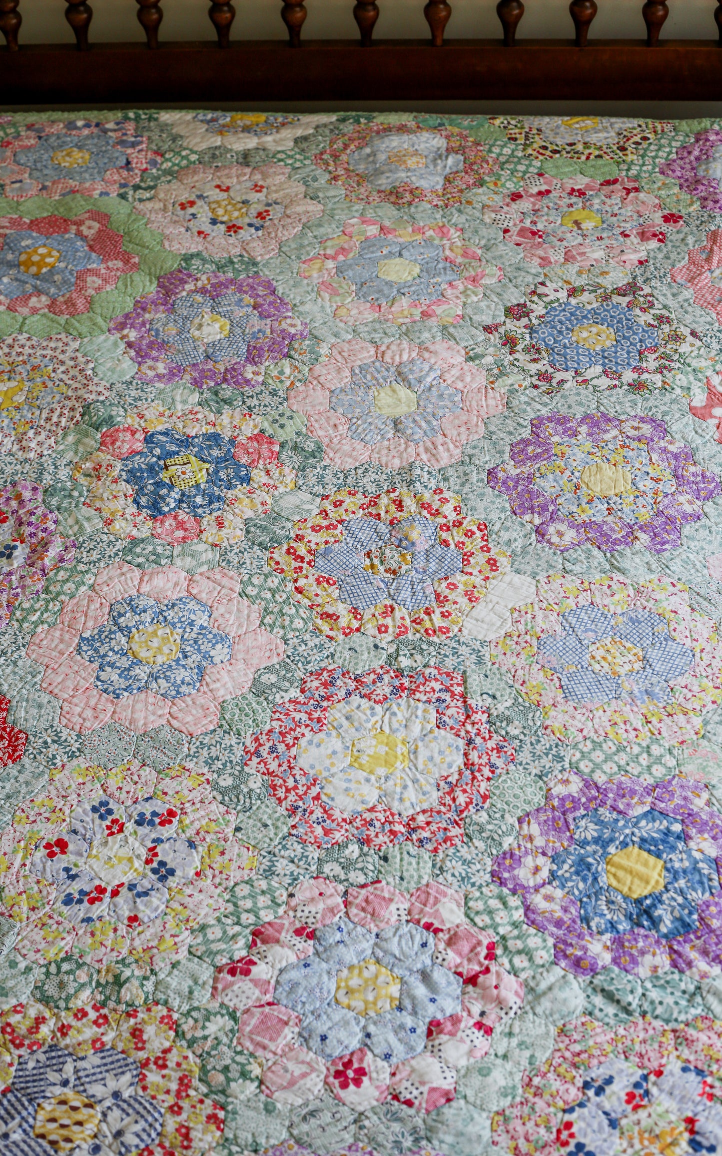 Vintage Scrappy Green Grandmother’s Flower Garden Quilt, c1940