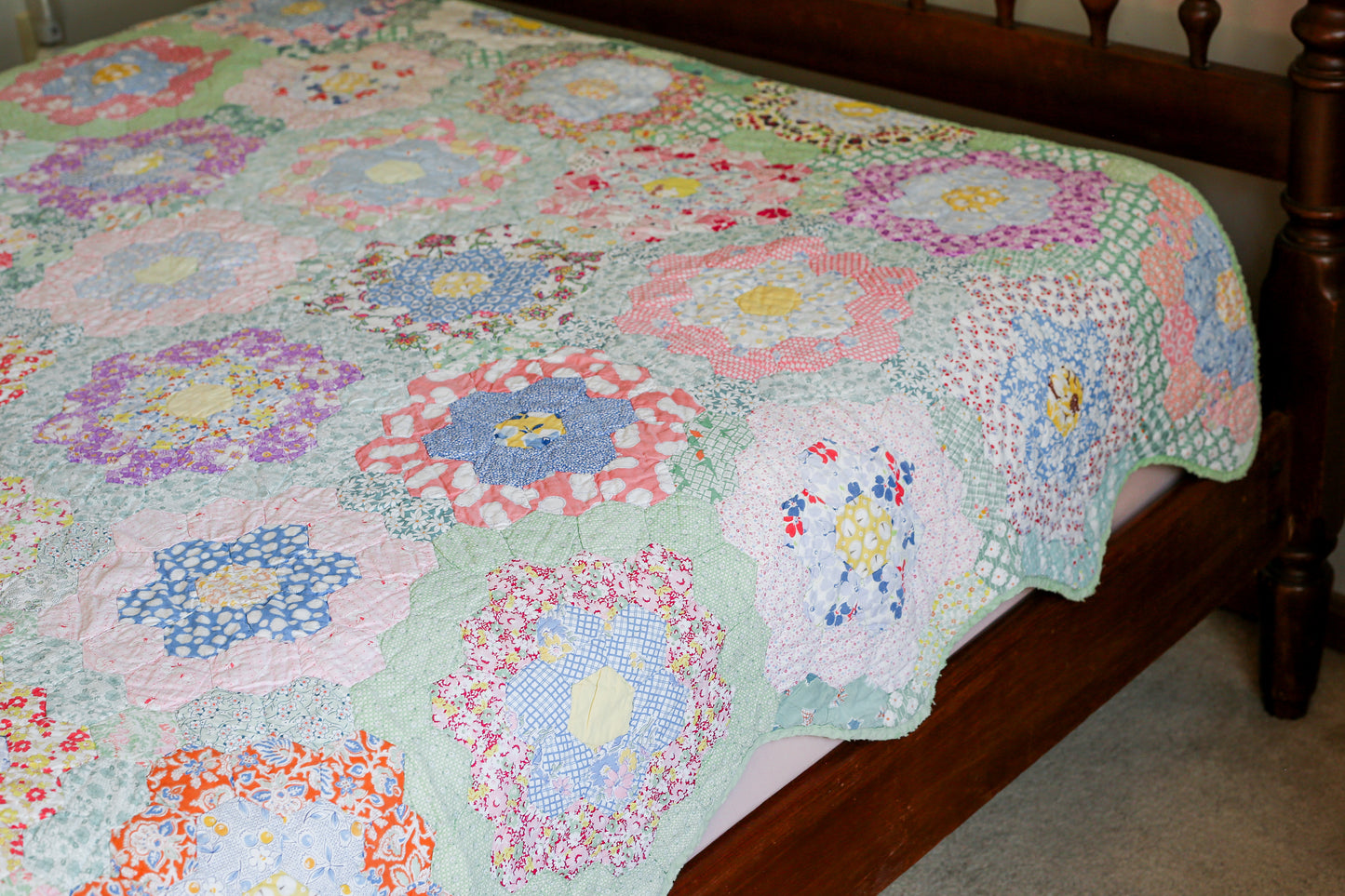 Vintage Scrappy Green Grandmother’s Flower Garden Quilt, c1940