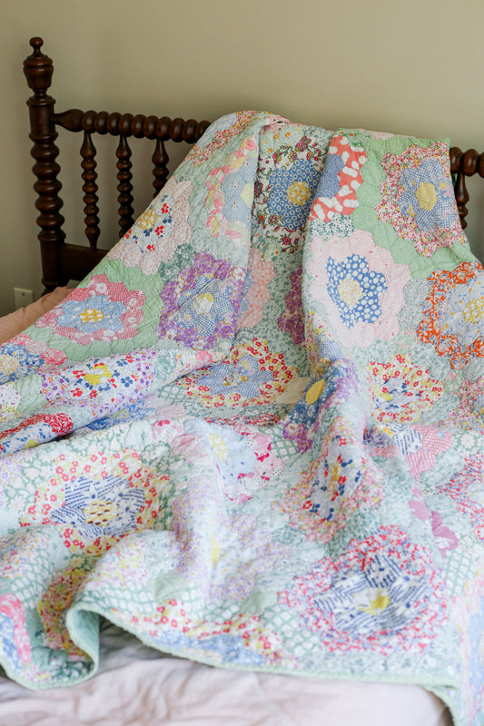 Vintage Scrappy Green Grandmother’s Flower Garden Quilt, c1940