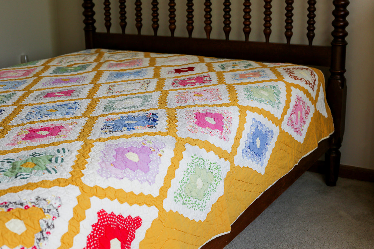 Vintage Yellow Field of Diamonds Quilt, c1930