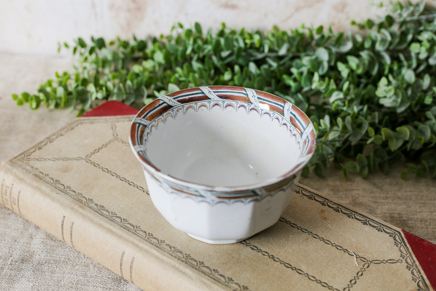 Antique Ironstone Pudding Bowl with Copper Luster Edge