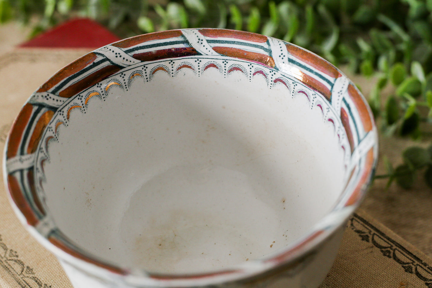 Antique Ironstone Pudding Bowl with Copper Luster Edge