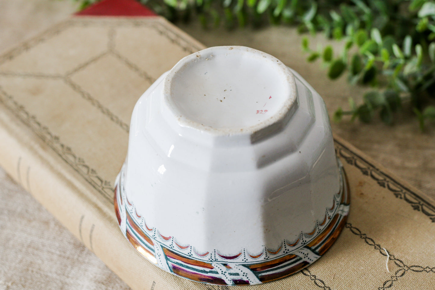 Antique Ironstone Pudding Bowl with Copper Luster Edge