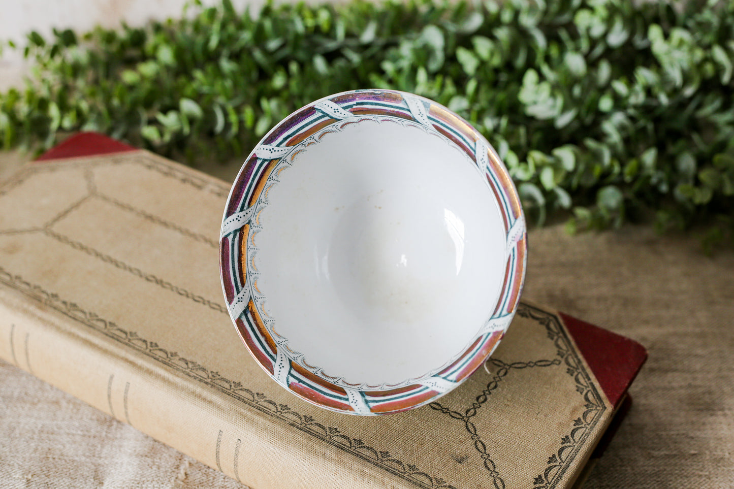 Antique Ironstone Pudding Bowl with Copper Luster Edge