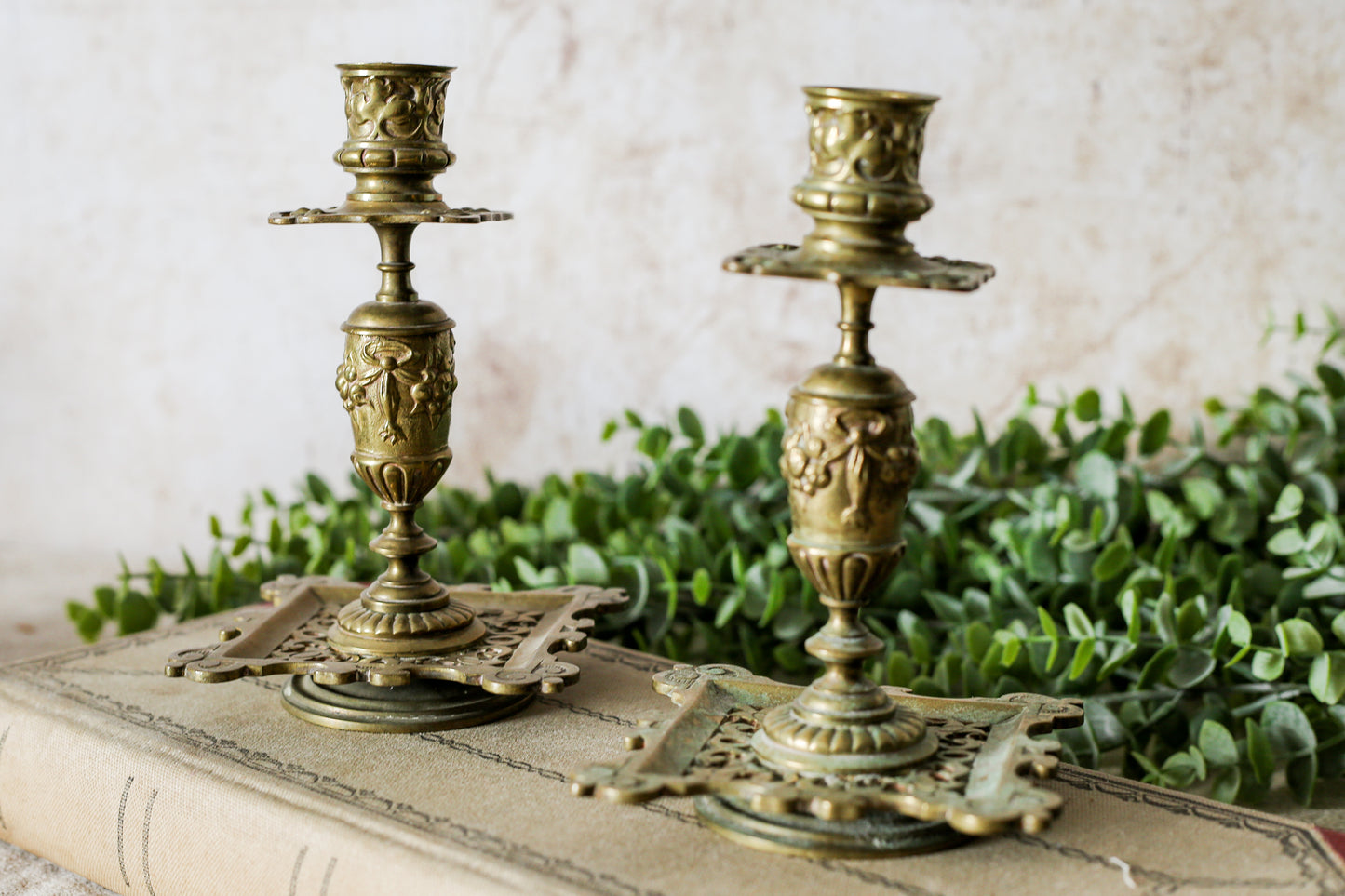 Antique Pair of French-Style Brass Candlesticks with Reticulated Bases