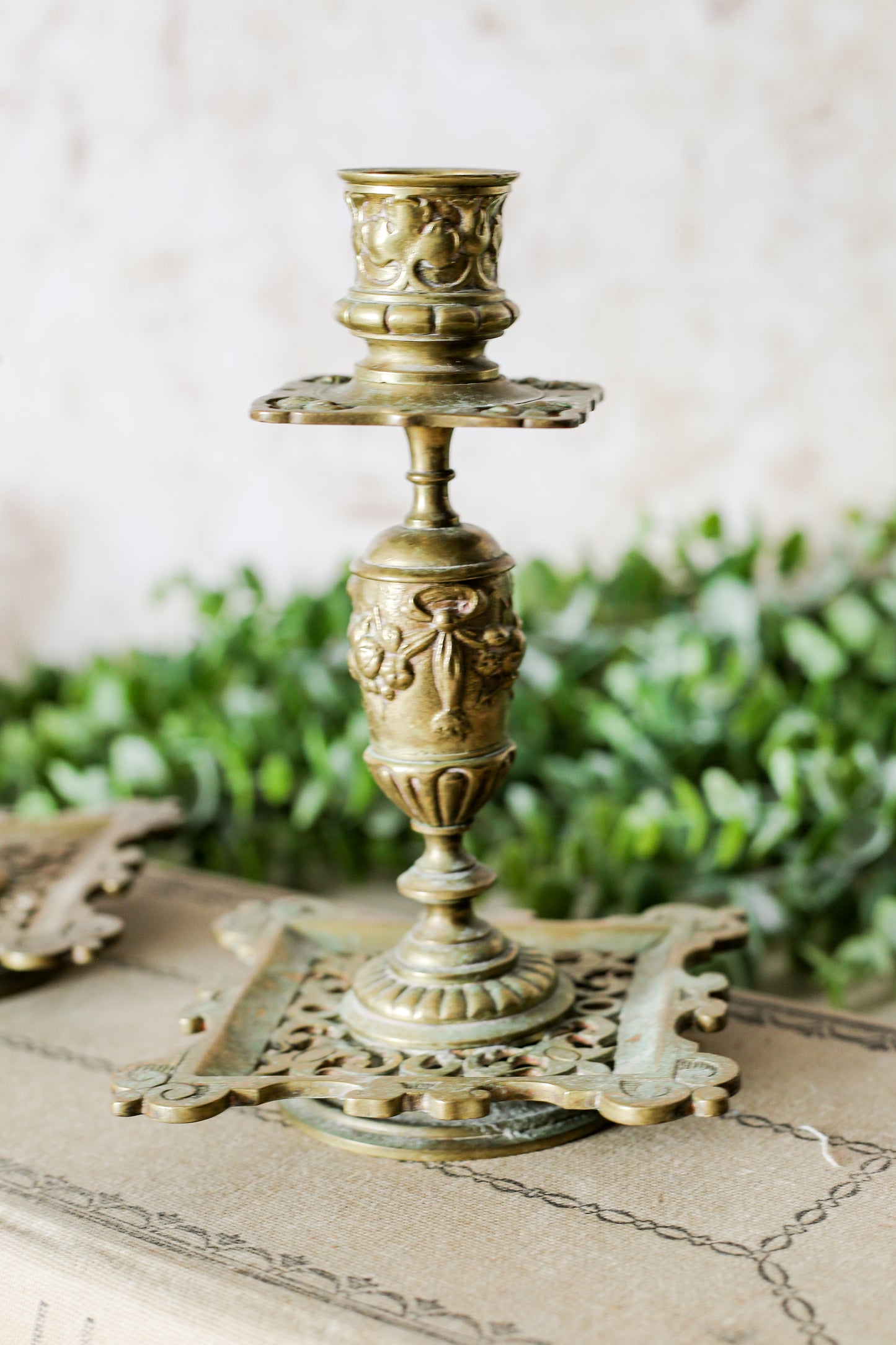 Antique Pair of French-Style Brass Candlesticks with Reticulated Bases