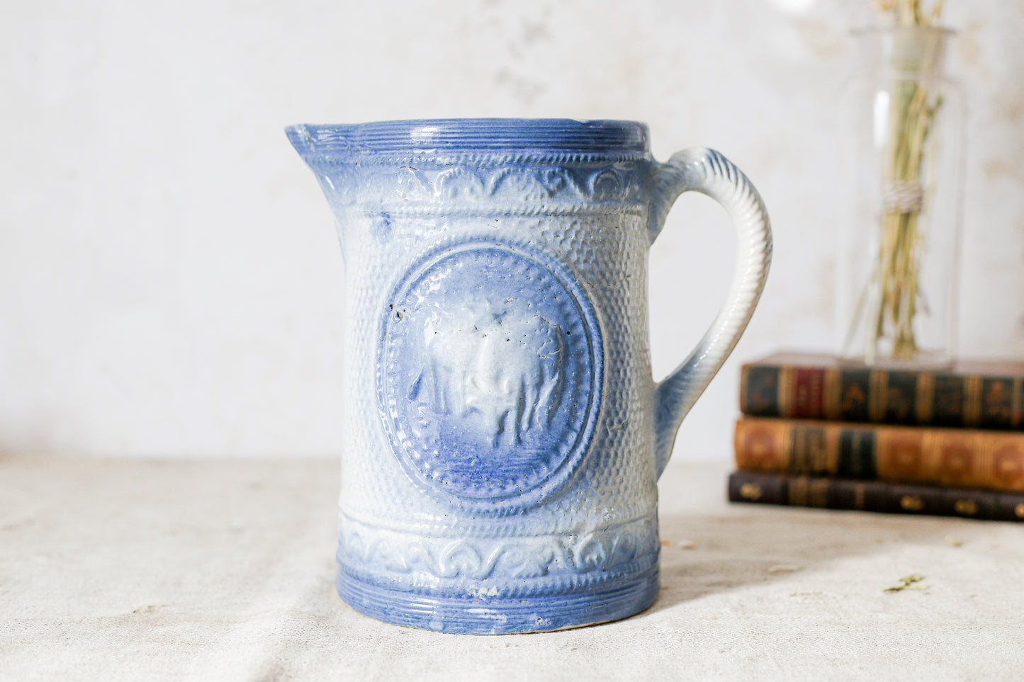 Antique Blue Salt Glaze Pitcher with Cows