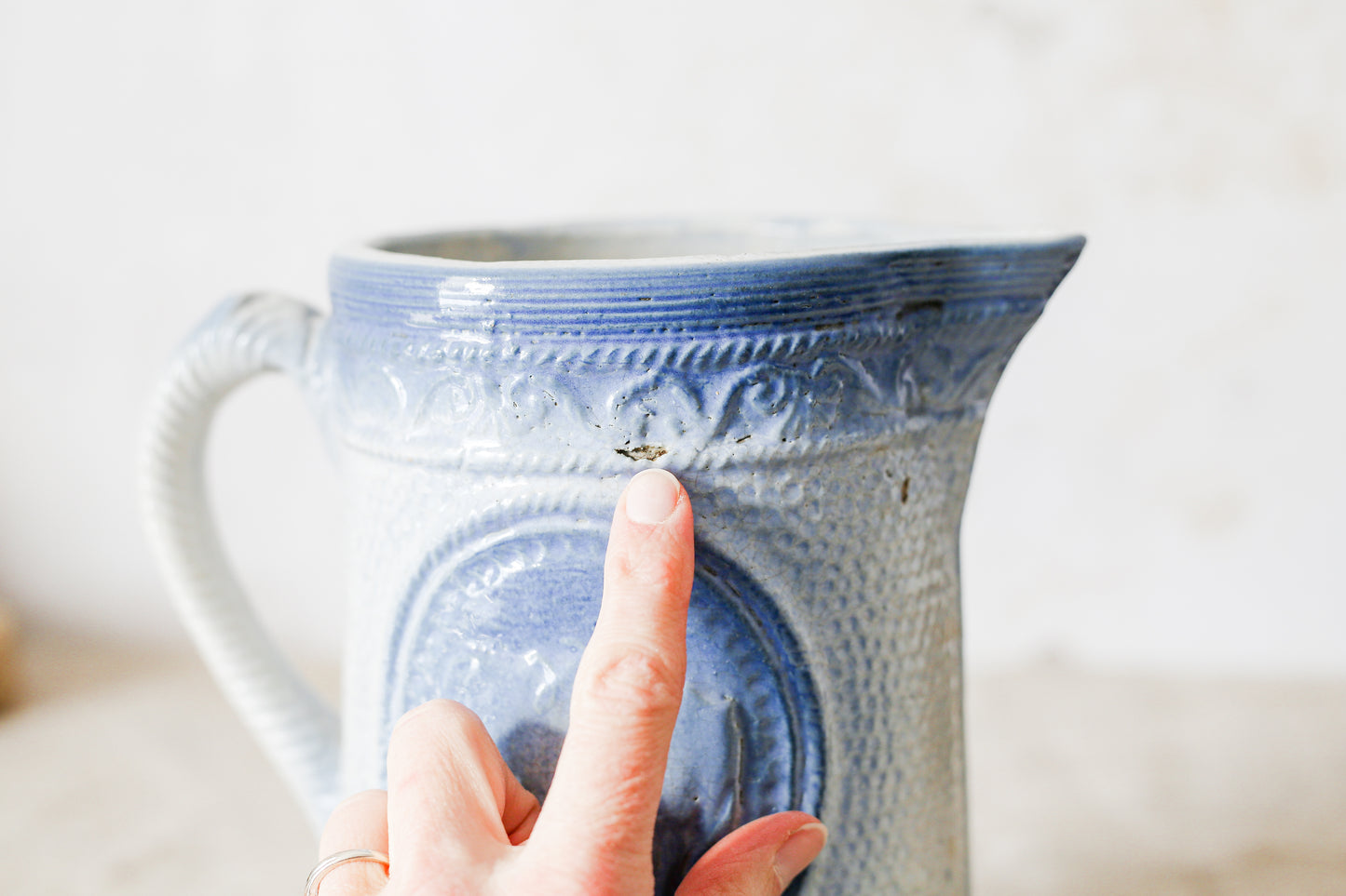 Antique Blue Salt Glaze Pitcher with Cows