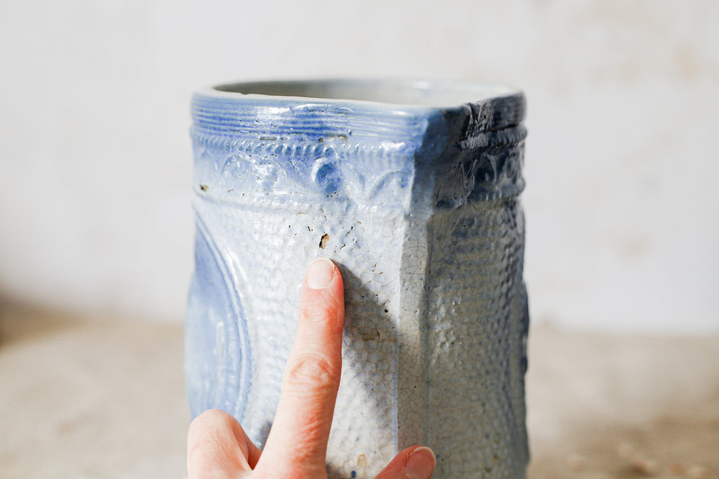 Antique Blue Salt Glaze Pitcher with Cows