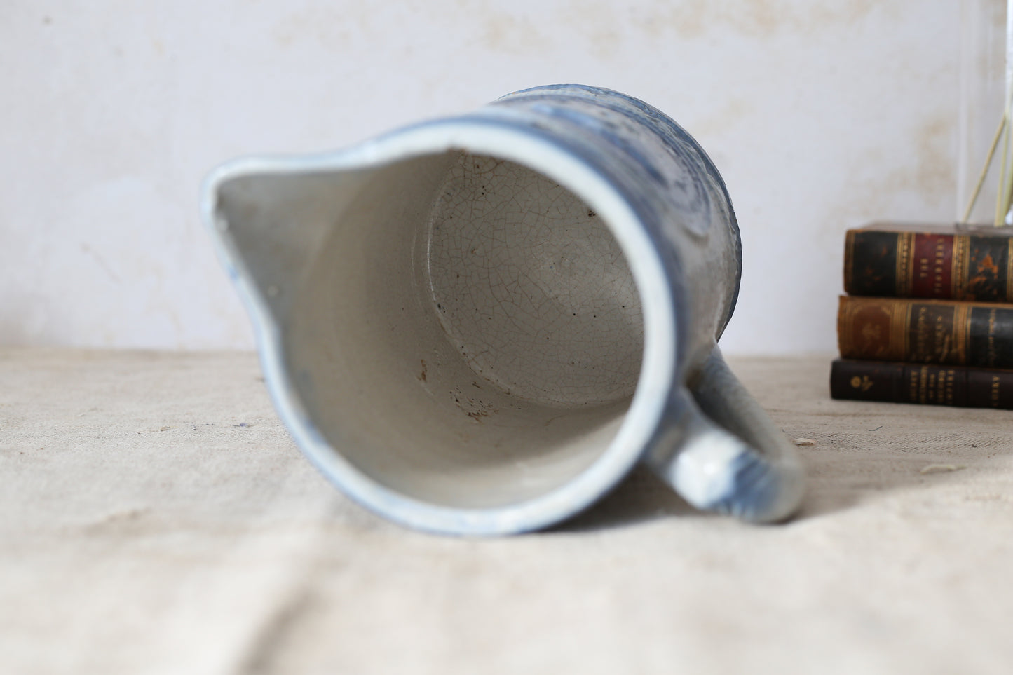 Antique Blue Salt Glaze Pitcher with Cows