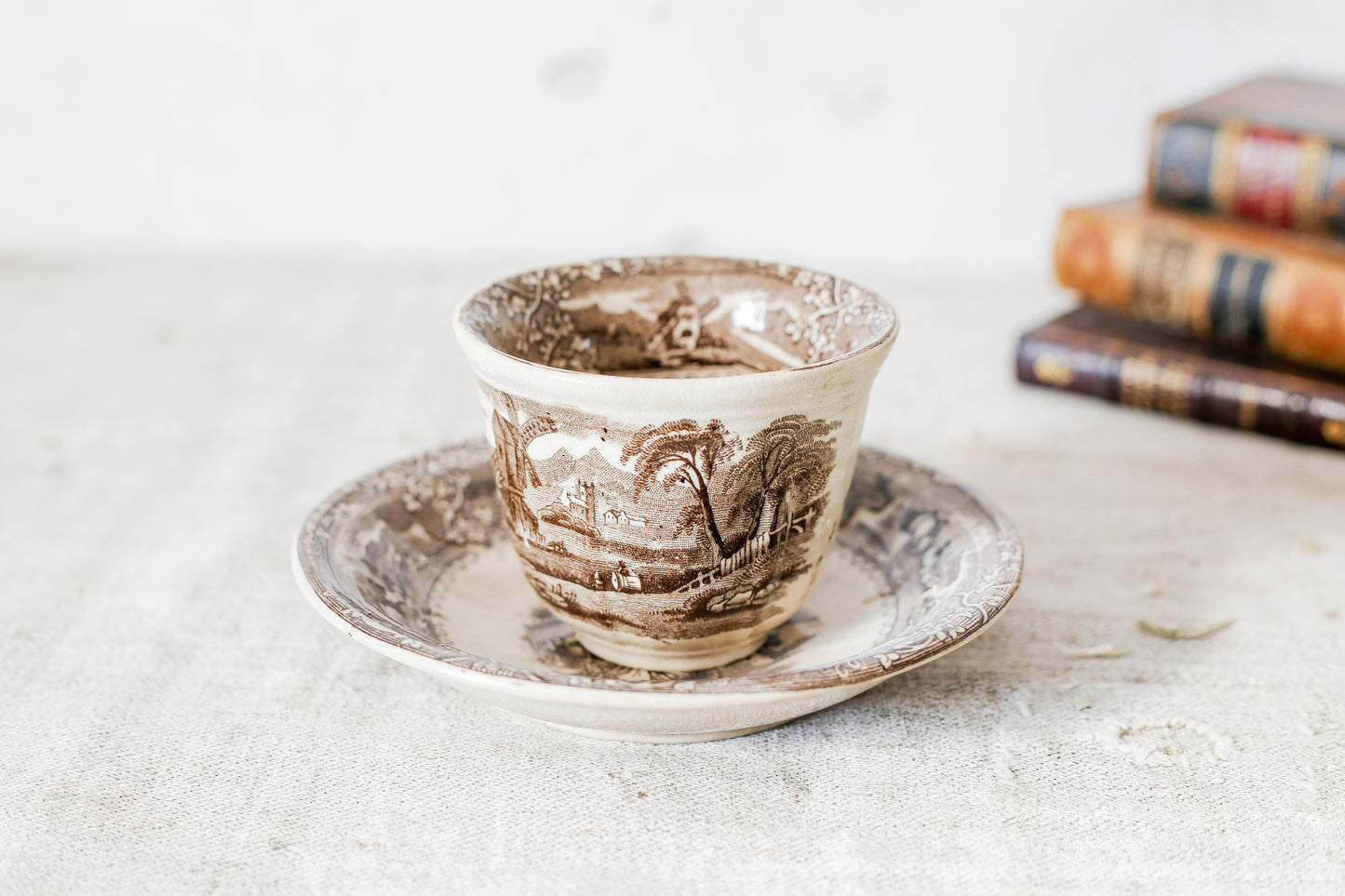 Antique Brown Transferware Teacup and Saucer by Wooliscroft, c1860