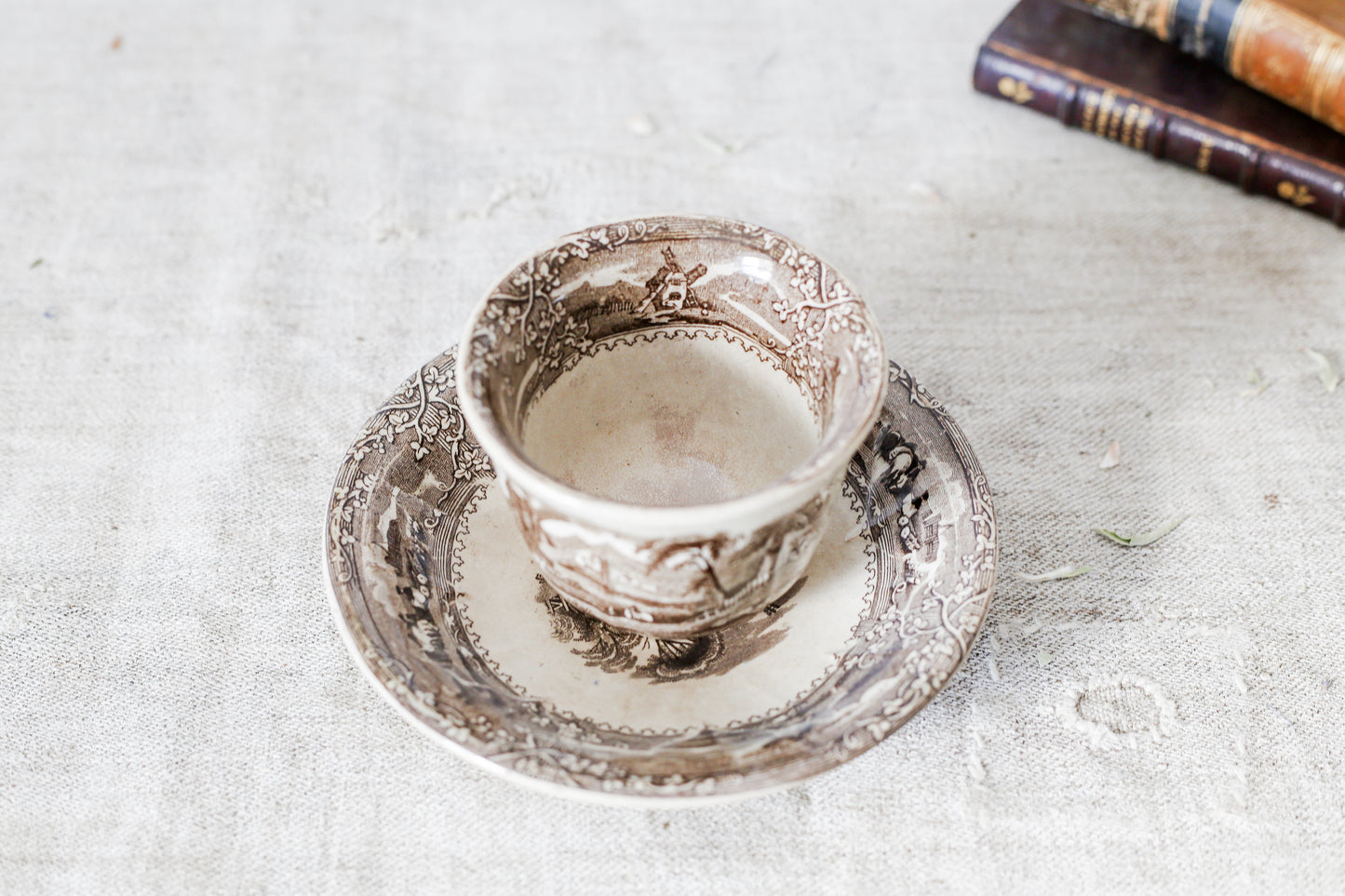 Antique Brown Transferware Teacup and Saucer by Wooliscroft, c1860