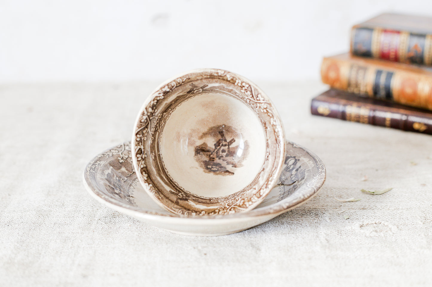 Antique Brown Transferware Teacup and Saucer by Wooliscroft, c1860