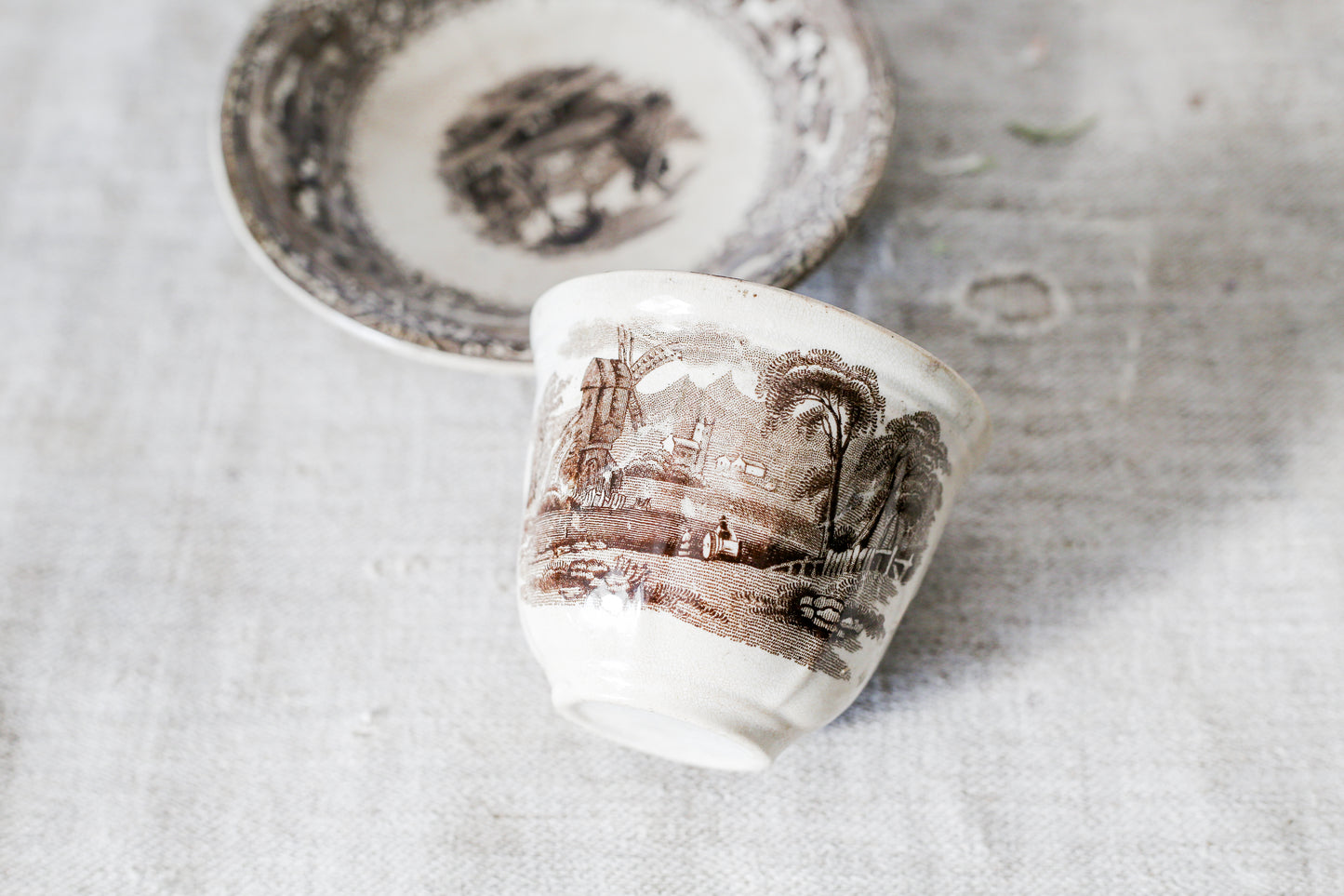 Antique Brown Transferware Teacup and Saucer by Wooliscroft, c1860