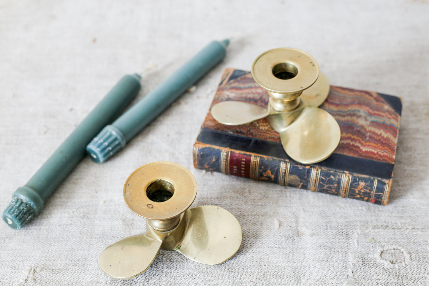 Vintage Pair of Brass Boat Propeller Candlestick Holders