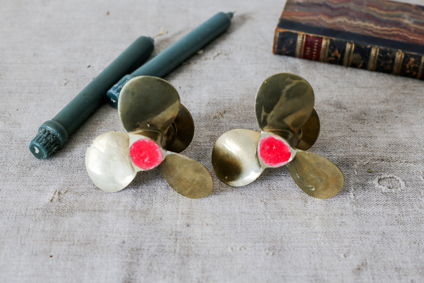 Vintage Pair of Brass Boat Propeller Candlestick Holders