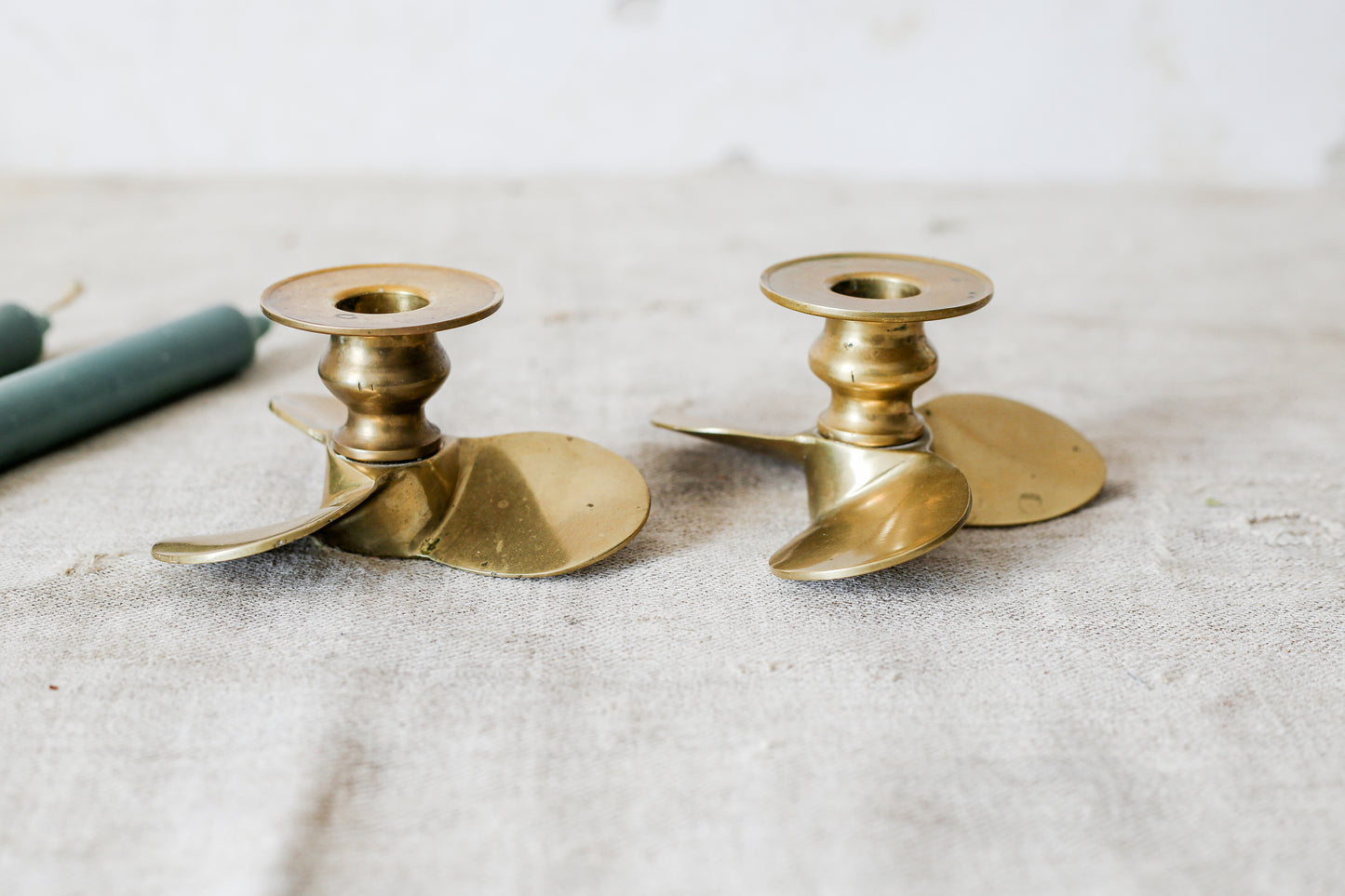 Vintage Pair of Brass Boat Propeller Candlestick Holders