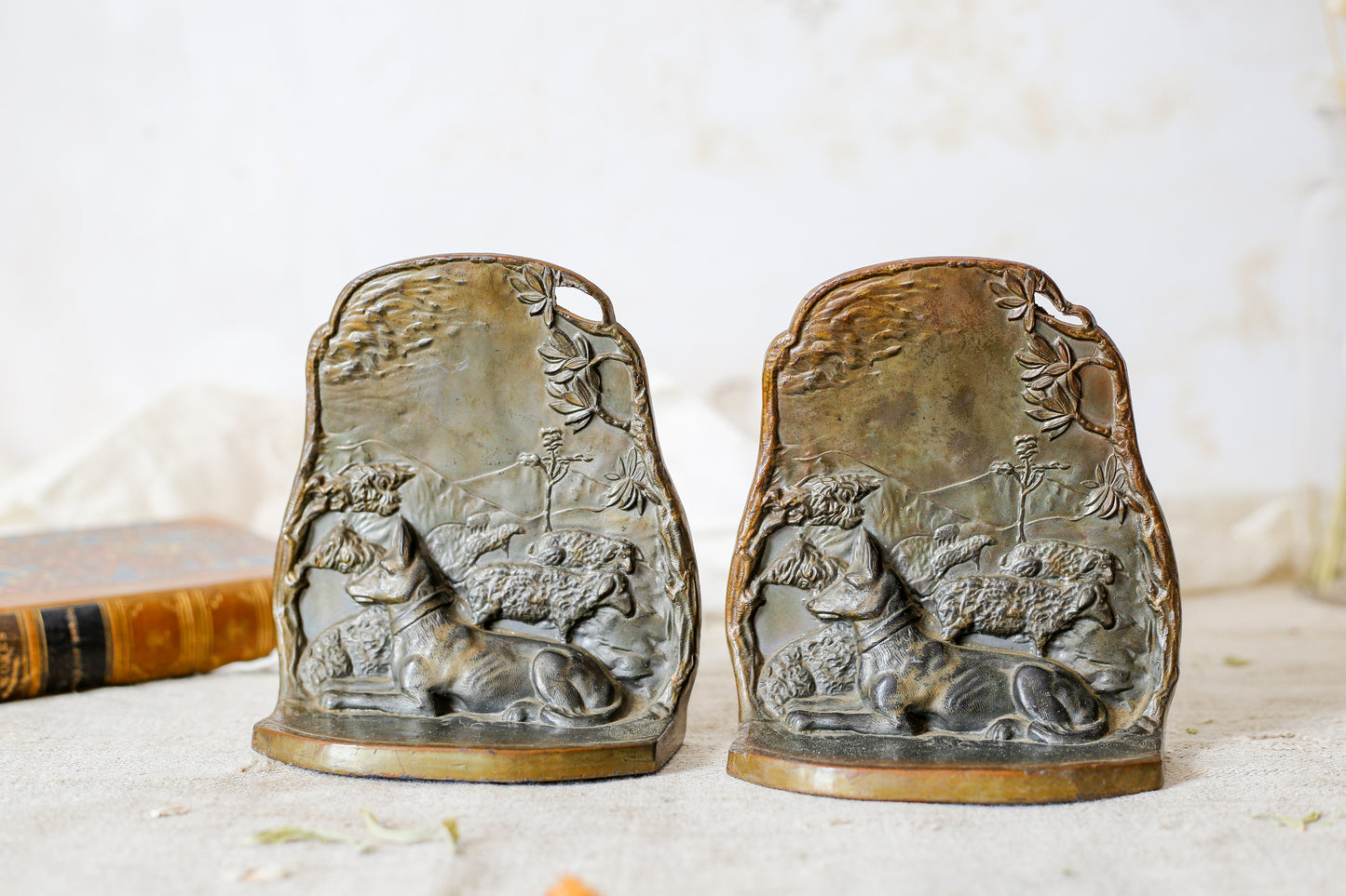 Vintage German Shepherd Guarding the Flock Bronze Bookends