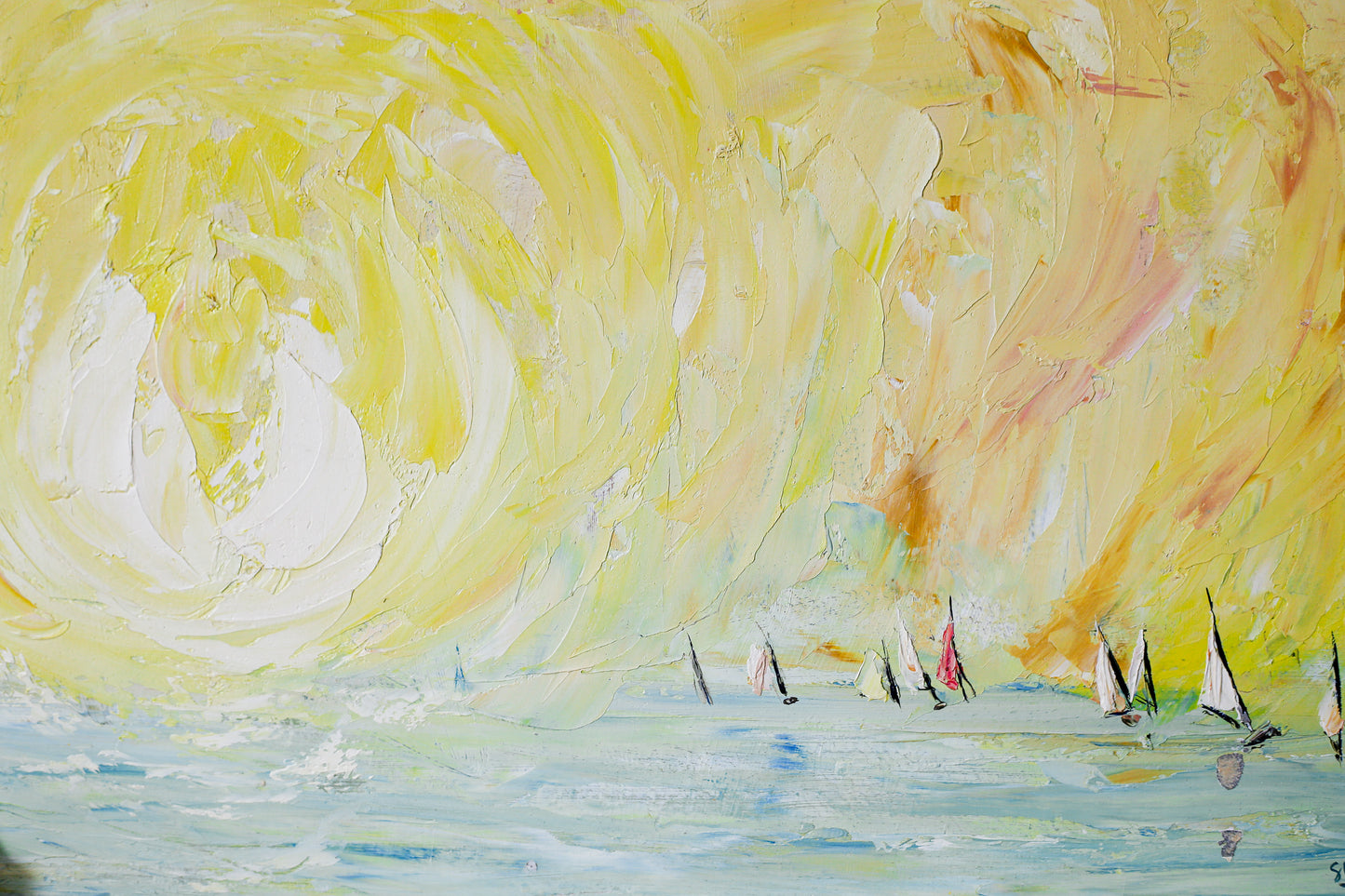 Vibrant Original Seascape - Modern Impressionist Sailboats at Sunset