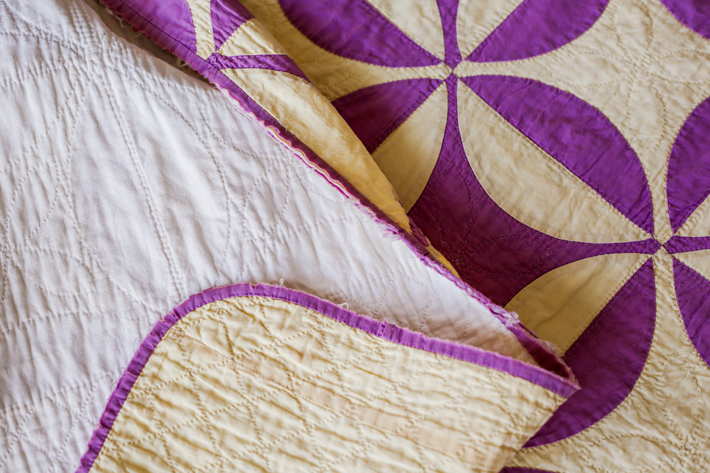 Vintage Yellow and Purple Robbing Peter to Pay Paul Quilt, c1940