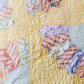 Vintage Yellow and Teal Fan Quilt with Scalloped Border, c1940