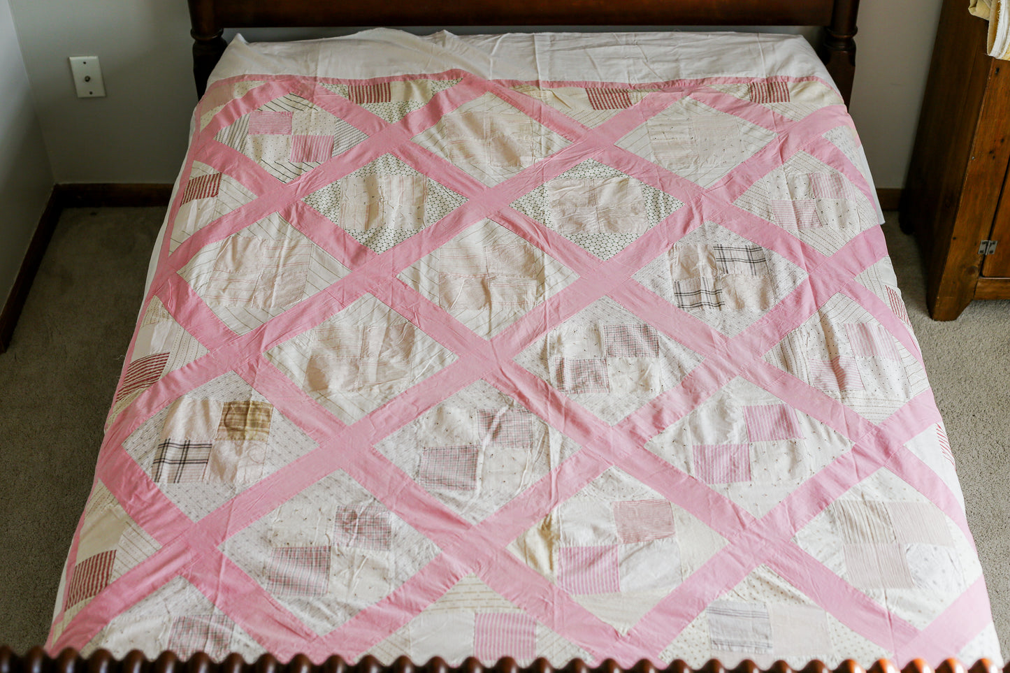 Vintage Pink and White Four Square Quilt TOP, c1930