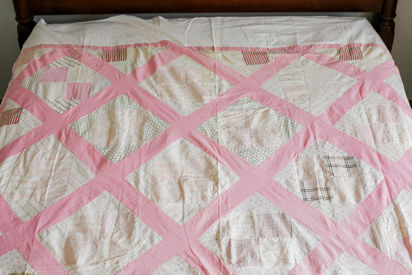 Vintage Pink and White Four Square Quilt TOP, c1930