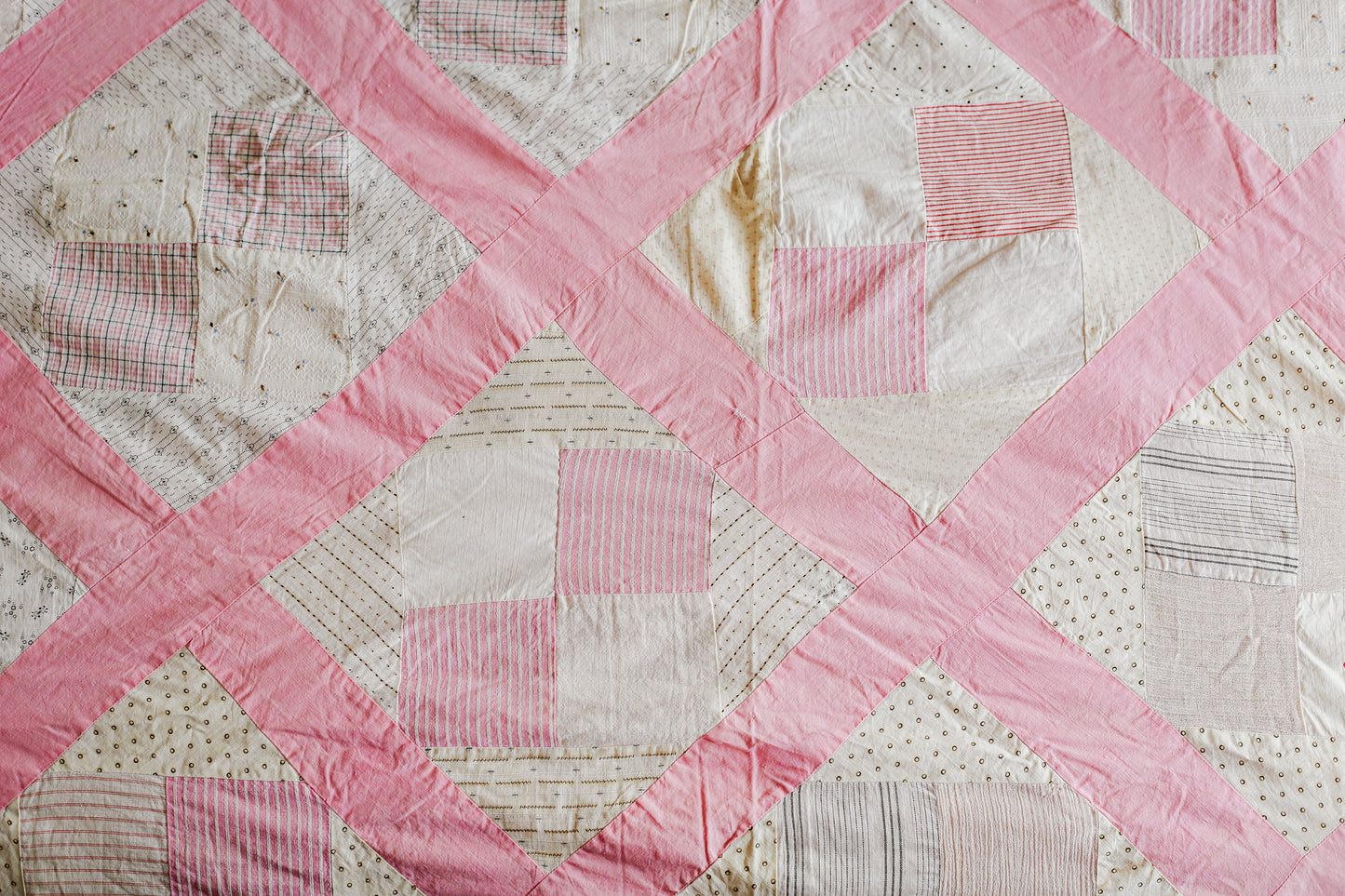 Vintage Pink and White Four Square Quilt TOP, c1930