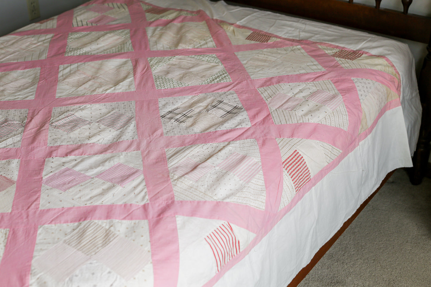 Vintage Pink and White Four Square Quilt TOP, c1930