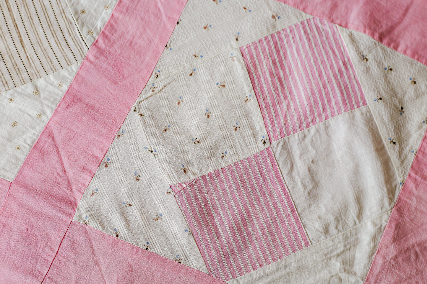 Vintage Pink and White Four Square Quilt TOP, c1930