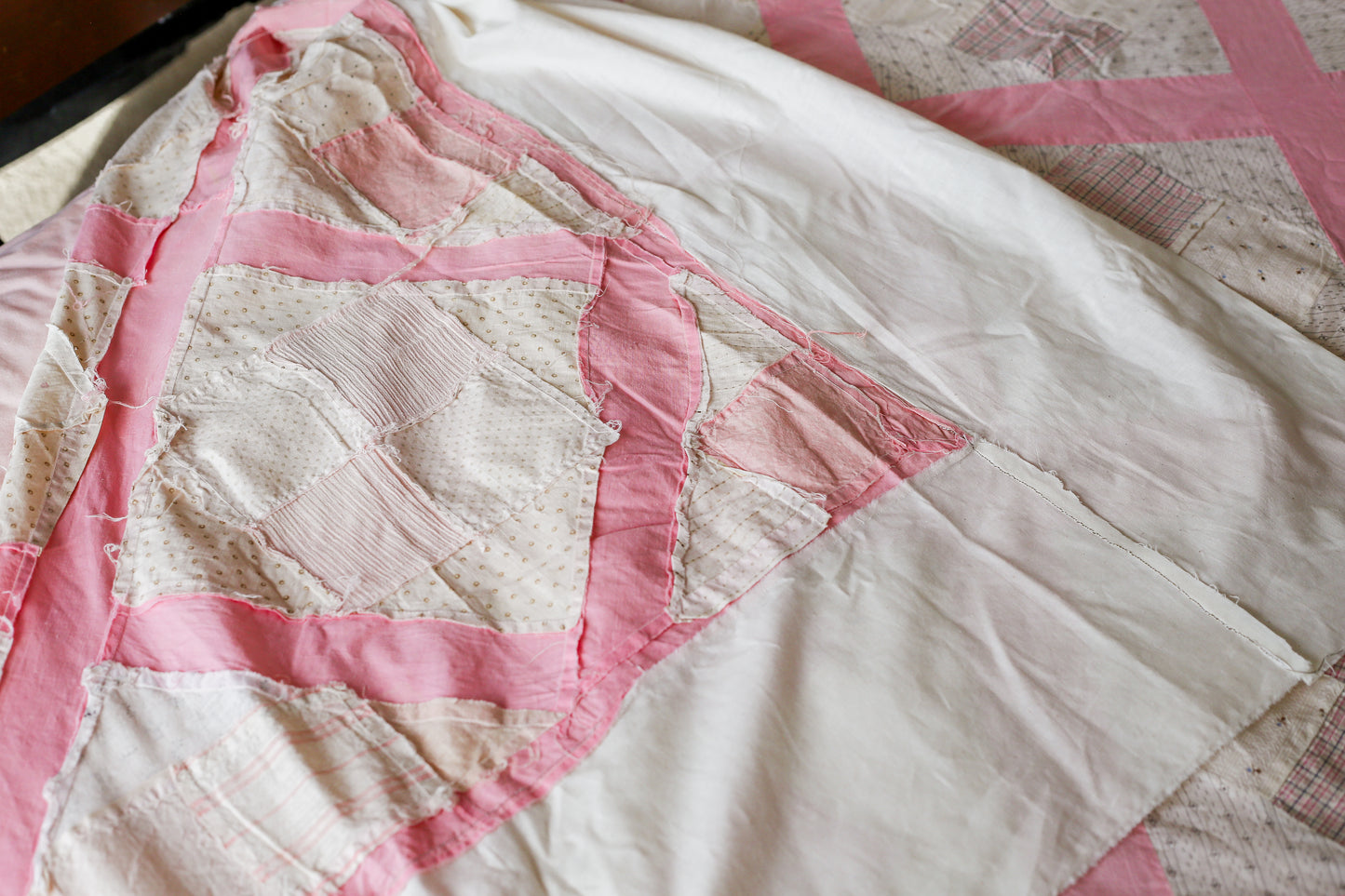 Vintage Pink and White Four Square Quilt TOP, c1930