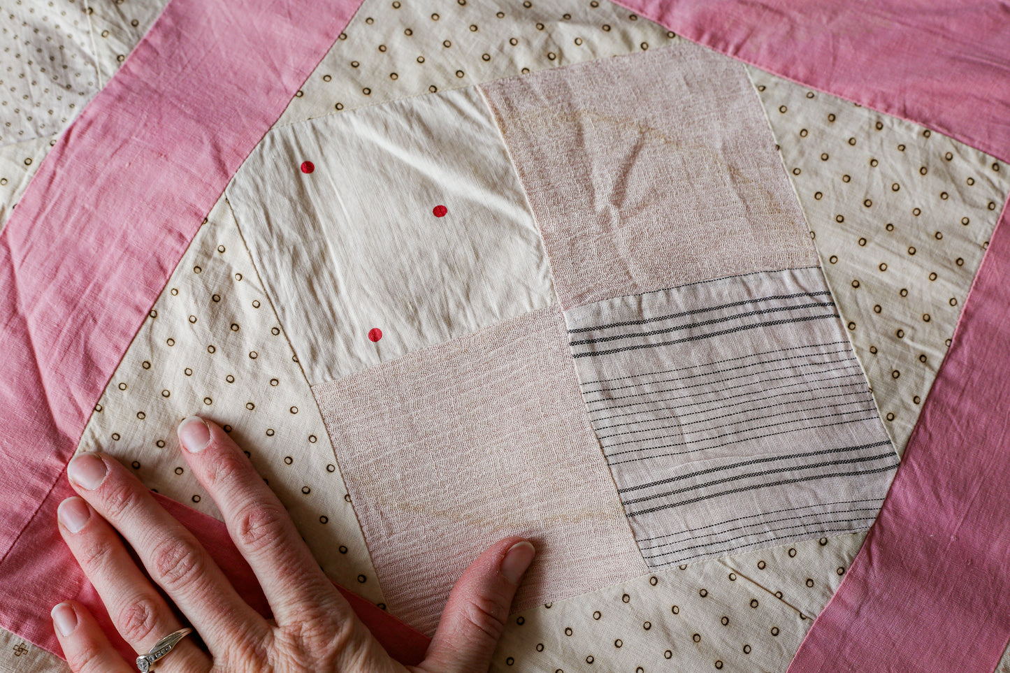 Vintage Pink and White Four Square Quilt TOP, c1930