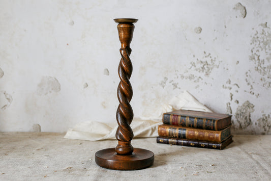 Vintage Carved Oak 12" Barley Twist Candle Holder