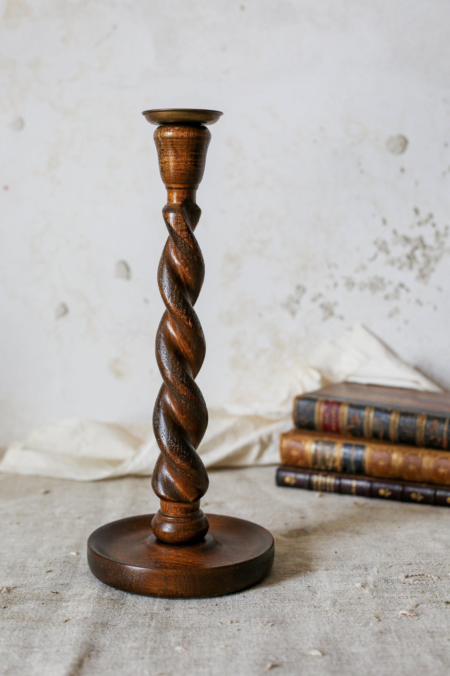 Vintage Carved Oak 12" Barley Twist Candle Holder