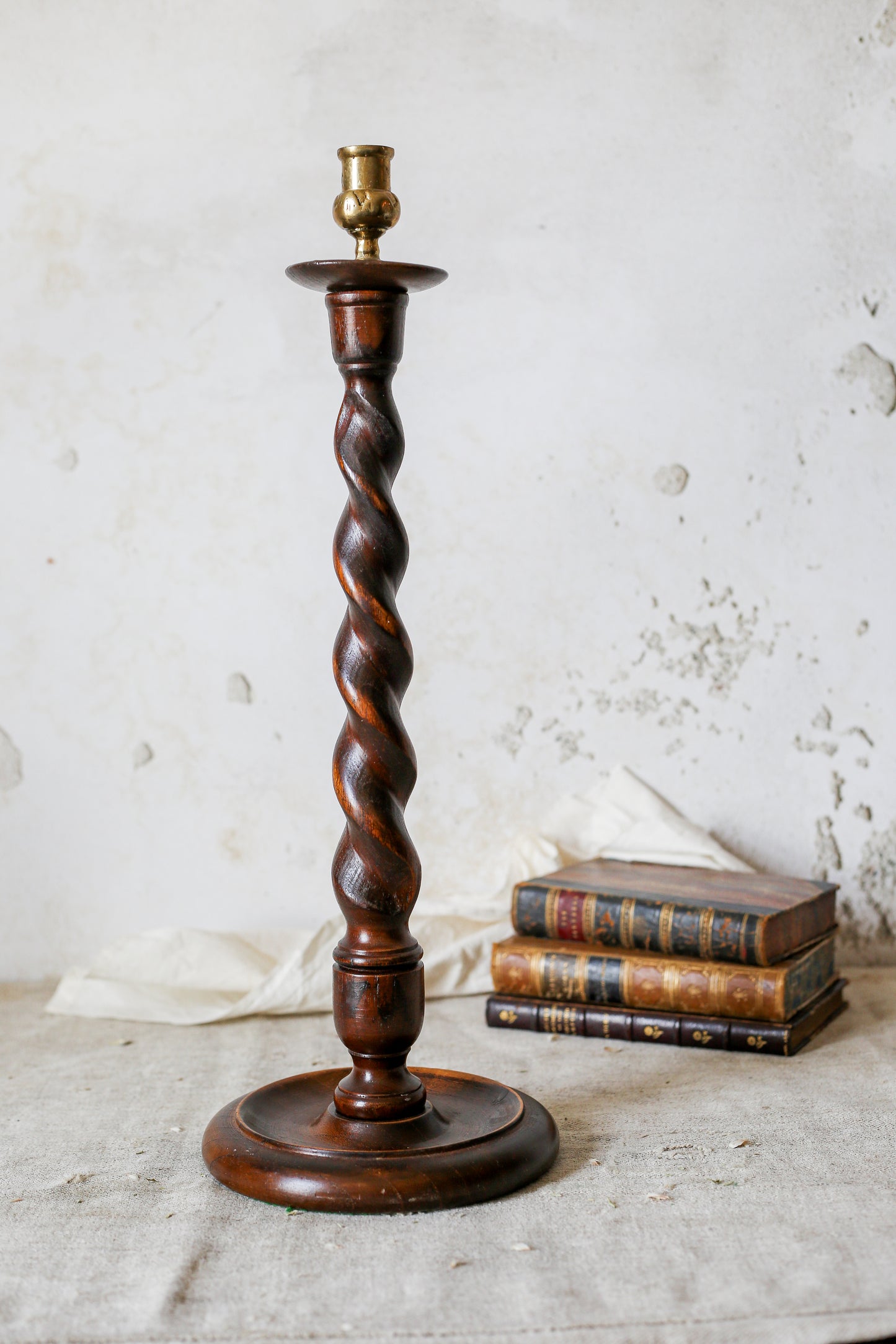 Vintage Carved Oak 18.75" Barley Twist Candle Holder