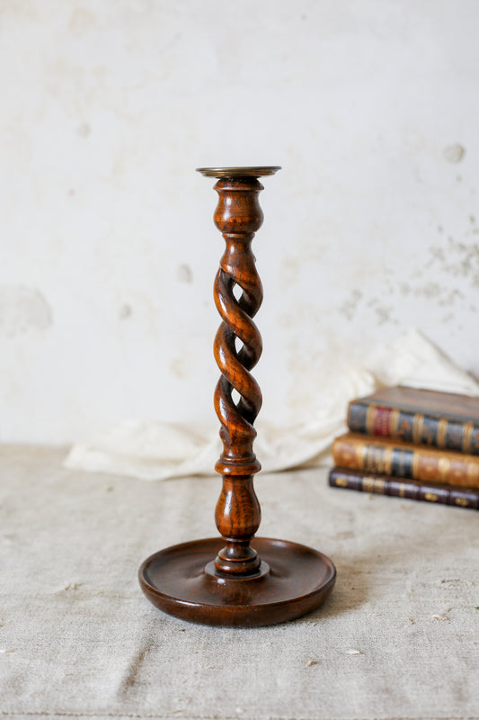 Vintage Carved Oak 12" Open Barley Twist Candle Holder