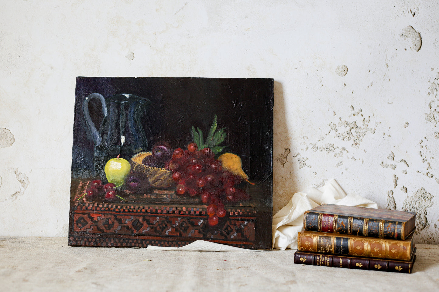 Original Fruit and Jug Moody Still Life Oil Painting