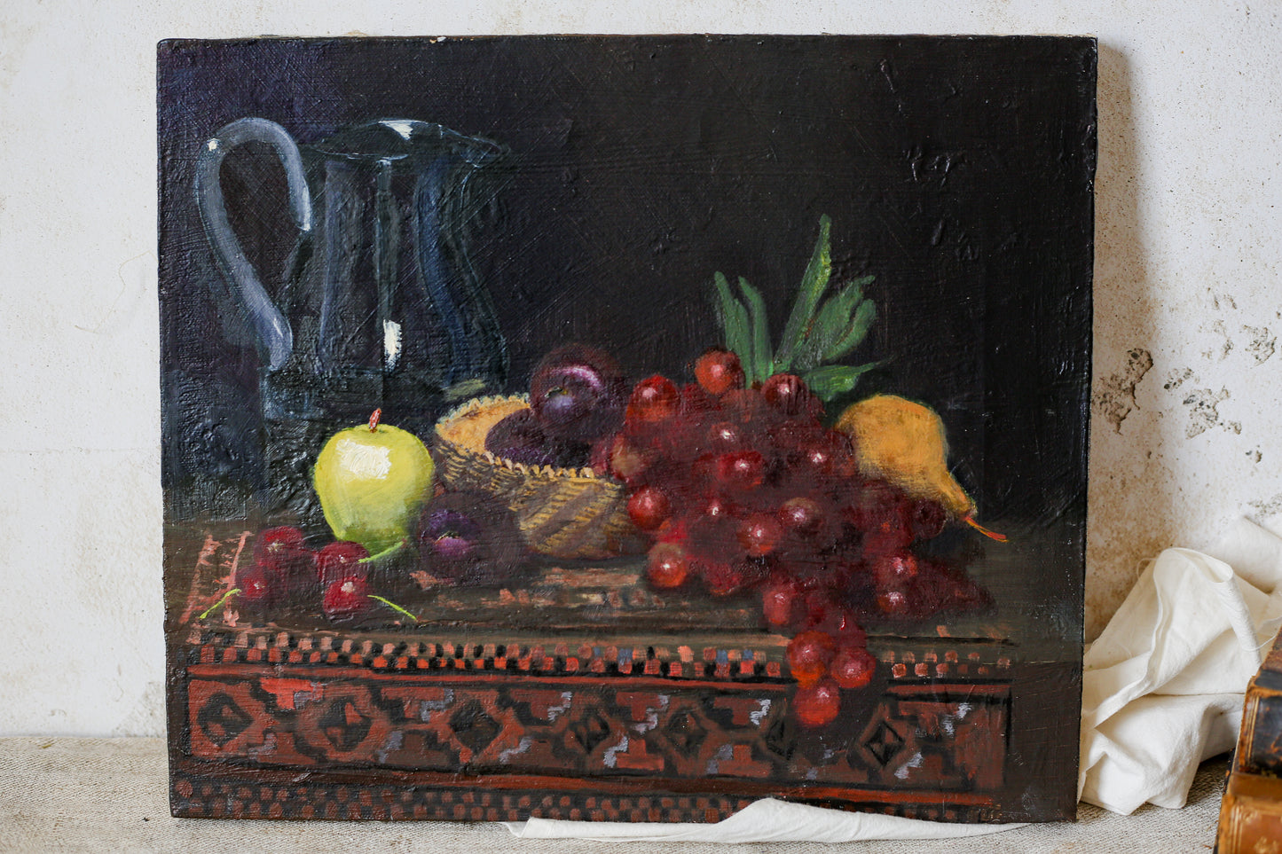 Original Fruit and Jug Moody Still Life Oil Painting