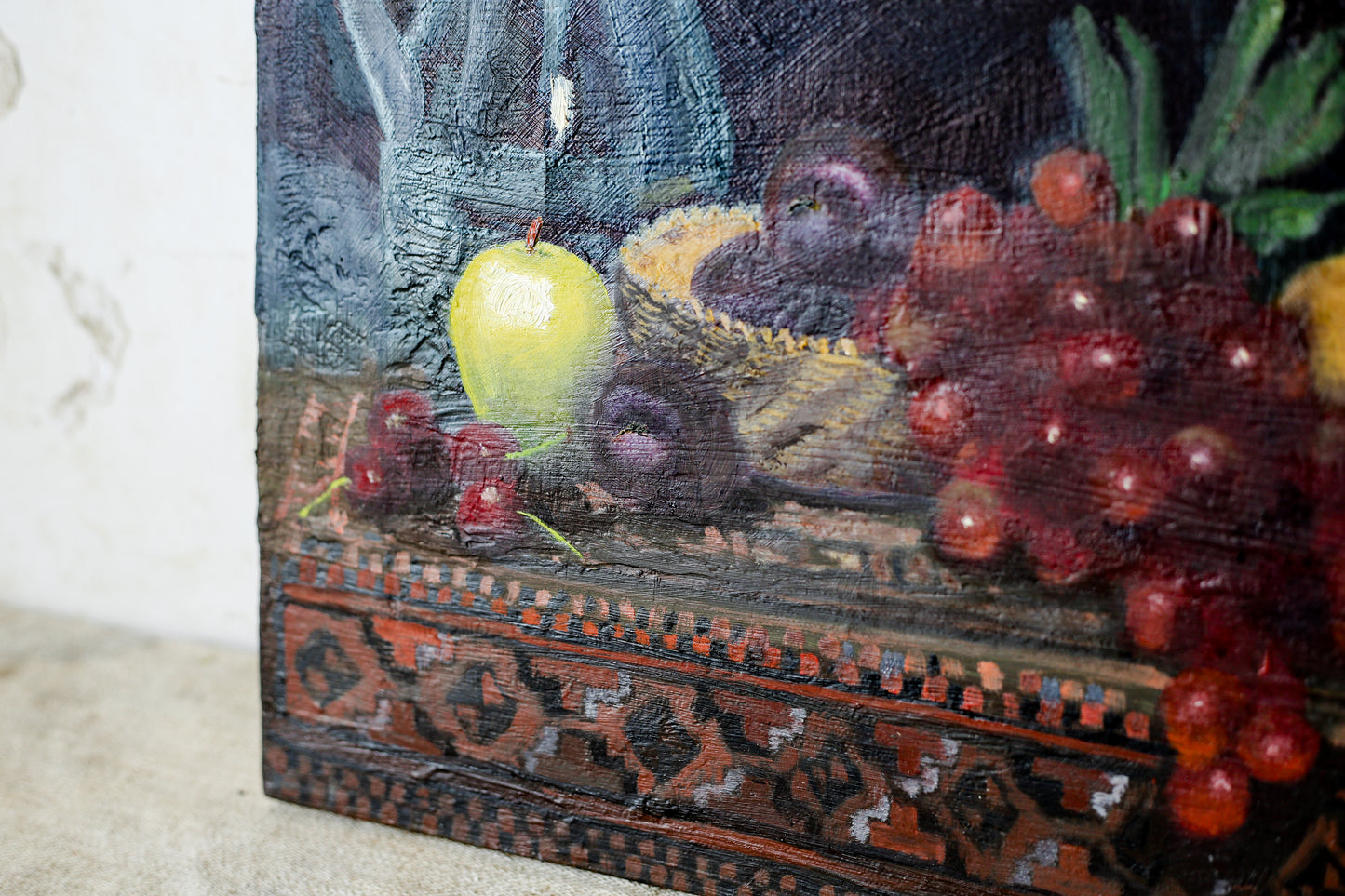 Original Fruit and Jug Moody Still Life Oil Painting