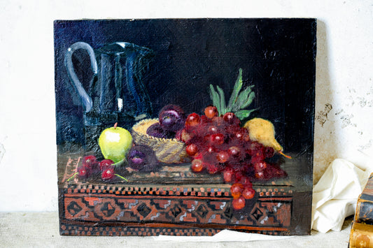 Original Fruit and Jug Moody Still Life Oil Painting