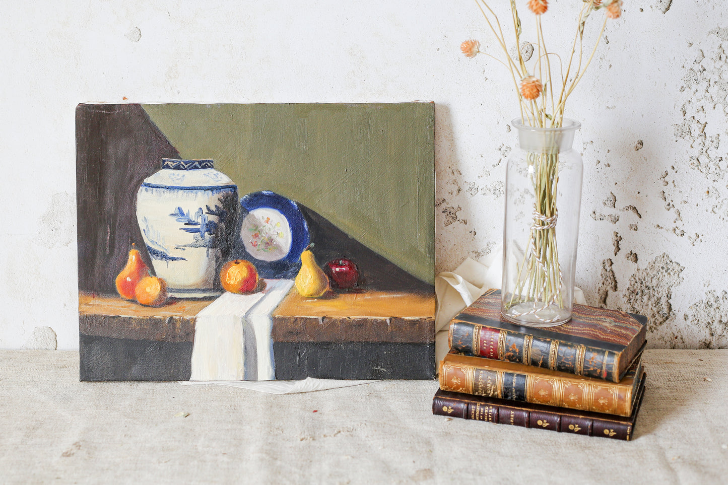 Original Still Life Painting of Blue & White Jar with Pears